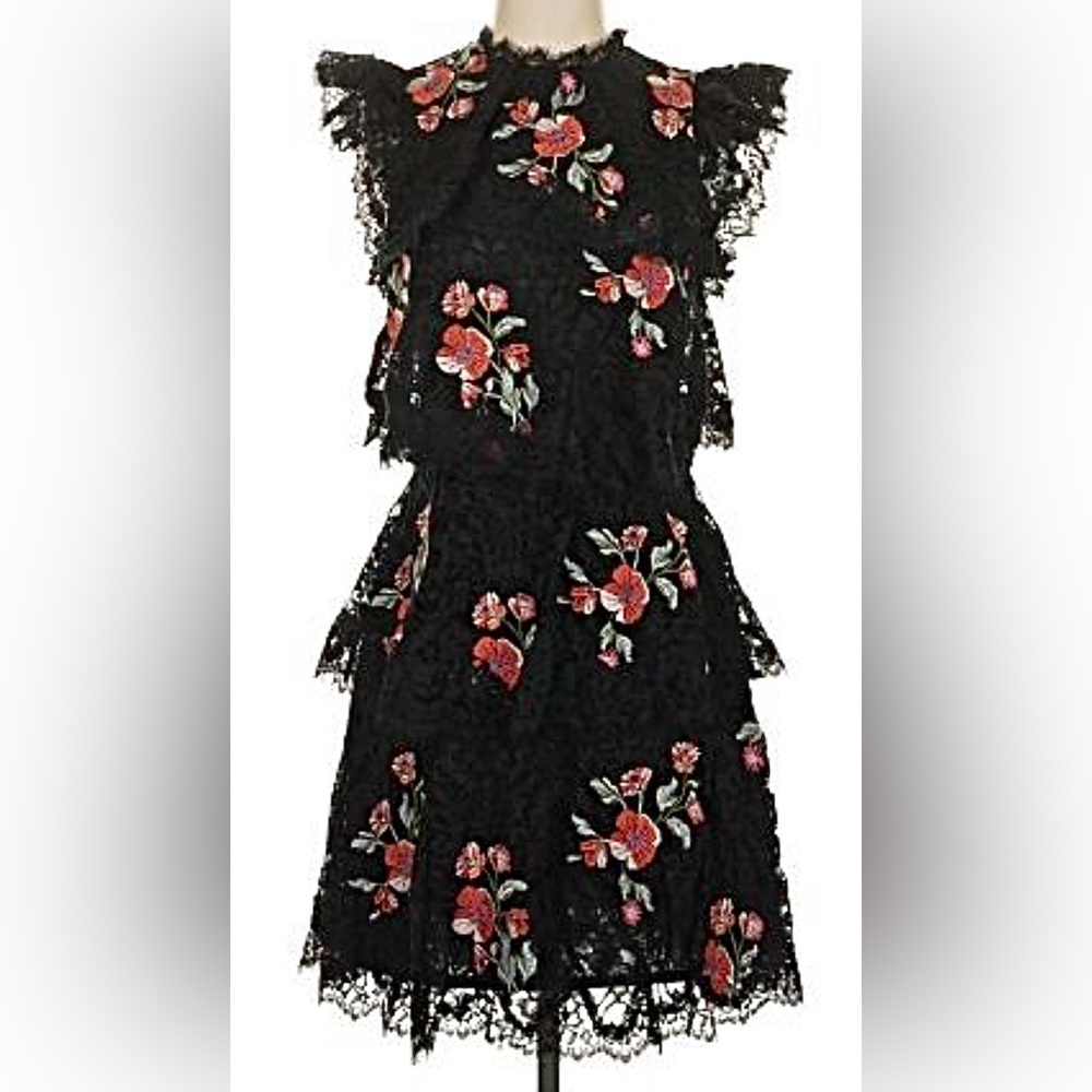 Rebecca Taylor Tiered Lace Mini Dress Ruffled Red Green Floral on Black size 4
